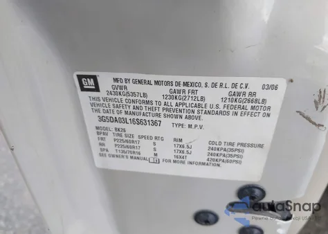 2006 Buick Rendezvous Cx z USA, uszkodzony, nr VIN 3G5DA03L16S631367